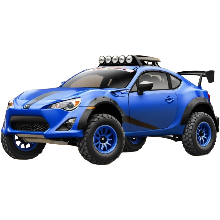 Dirty raced jacked 2013 scion fr-s ultramarine off road 4wd monster Baja dessert stadium racer number 86 with long travel suspension, mirror chrome spoke wheels, black fender flares  emoji