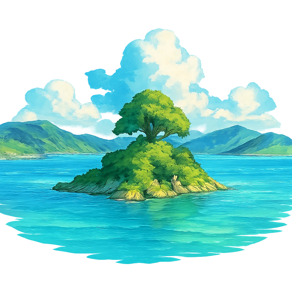 SimDay Bay with a small island, Ghibli style, vibrant colors emoji