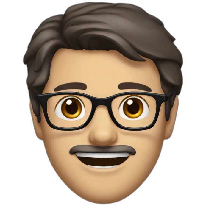 man dark brown hair parted to the right with thin dark blue black glasses, he has slightly protruding ears with a smile where he is missing a tooth between the canine and the palette. emoji