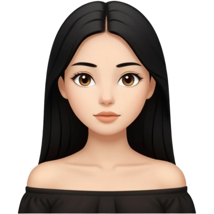 A realistic 3D avatar of a young woman with a soft oval face, slim cheeks, natural almond eyes, long straight black hair, minimal makeup, wearing a black off-shoulder top, elegant and aesthetic, tanned skintone. emoji