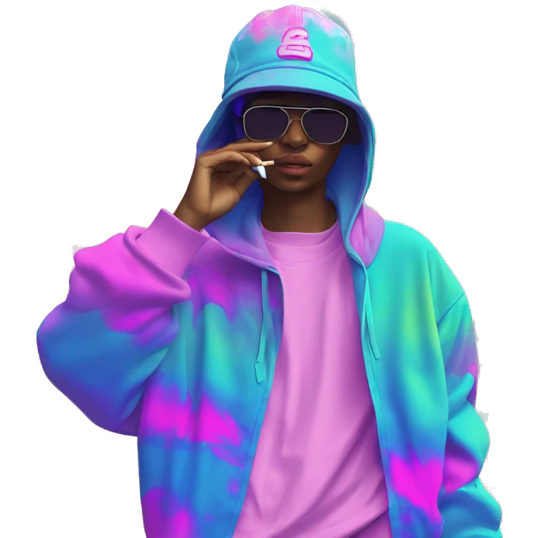 Multicoloured neon Vaporwave person smoking wearing hoodie dancing hip hop bucket hat tropical Skater fashion aesthetic baggy clothes graphic t shirt 420 emoji