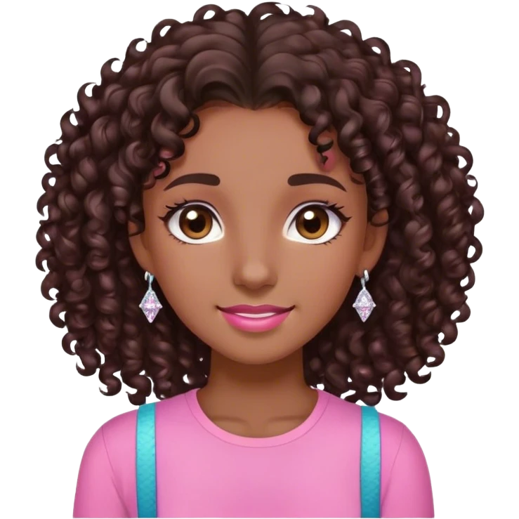 a girl named sharrol with dark brown, skin curly hair, brown eyes, pink shirt, small diamond earrings, and beaty spot on right cheek, with braces emoji