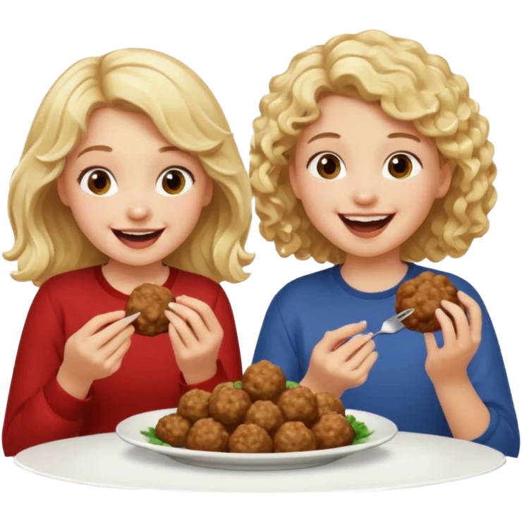 Ragazza bionda leggermente mossa che ride ad un ragazzo con i capelli ricci scuri mentre mangia polpette emoji