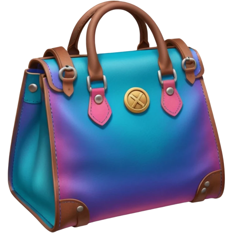 coins in gradient of turquoise, blue, pink, purple, and coral color inside a brown leather bag emoji