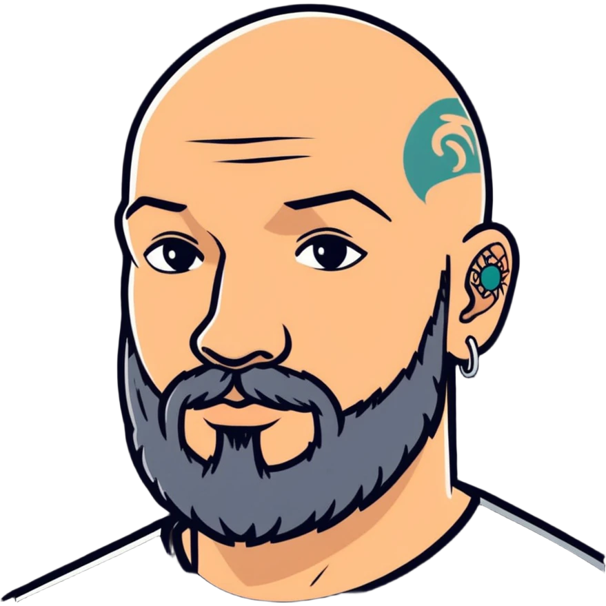 bald man with a beard and visible tattoo emoji