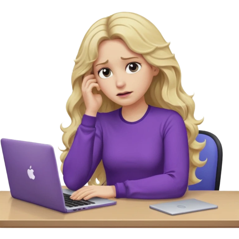 lady with long blonde wavy hair, purple top, one elbow one desk hand on face with a laptop looking defeated emoji