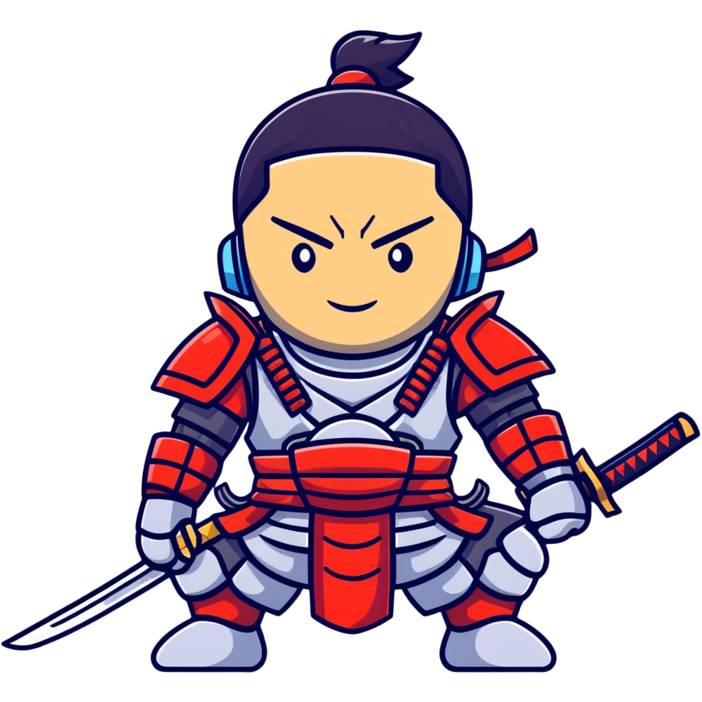 wandering cyborg male samurai with mechanical parts and traditional sword emoji