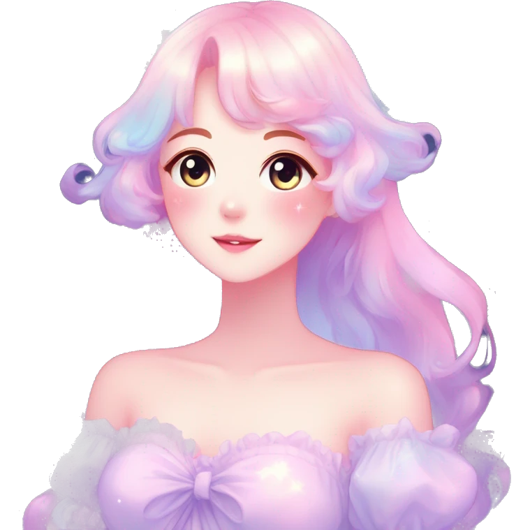 Gorgeous pastel anime style lady blushing nebula-gradient-sparkle face dreamy idol model colorful shiny stars galaxy kawaii cottagecore pearly petite simplistic aesthetic trending style emoji