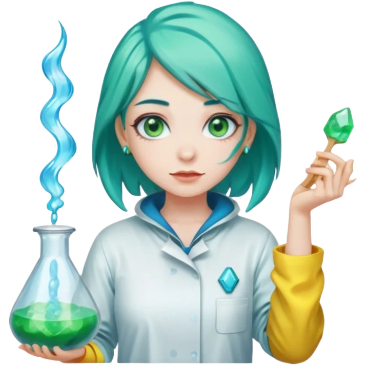 Girl with pale skin, green eyes, teal hair and facial piercings cooking blue crystal candy in a yellow hazmat suit  emoji