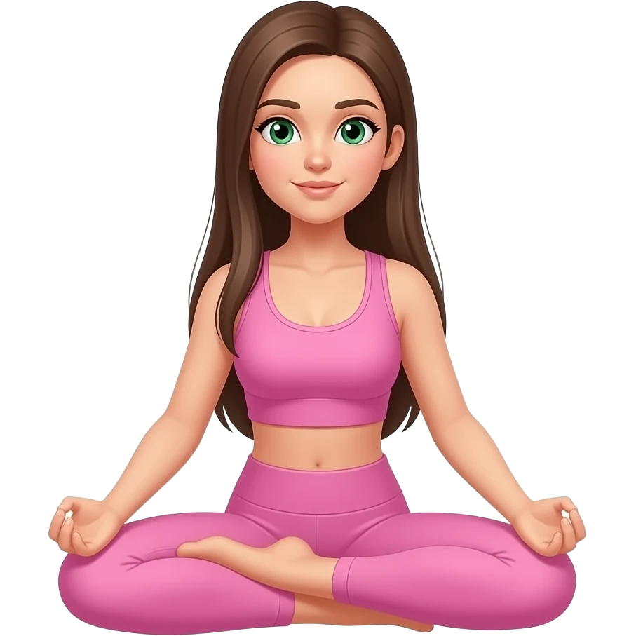 girl doing sit down yoga in a pink workout set with straight long brown hair and green eyes, dont make the head too big because i want it to be proportionate to the body please and make the eyes a normal size to her face emoji