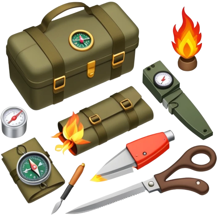 bushcraft survival kit with knife, compass, and fire starter emoji
