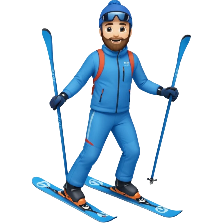 bearded man skiing down, blue outfit, smiling. full body view.  emoji