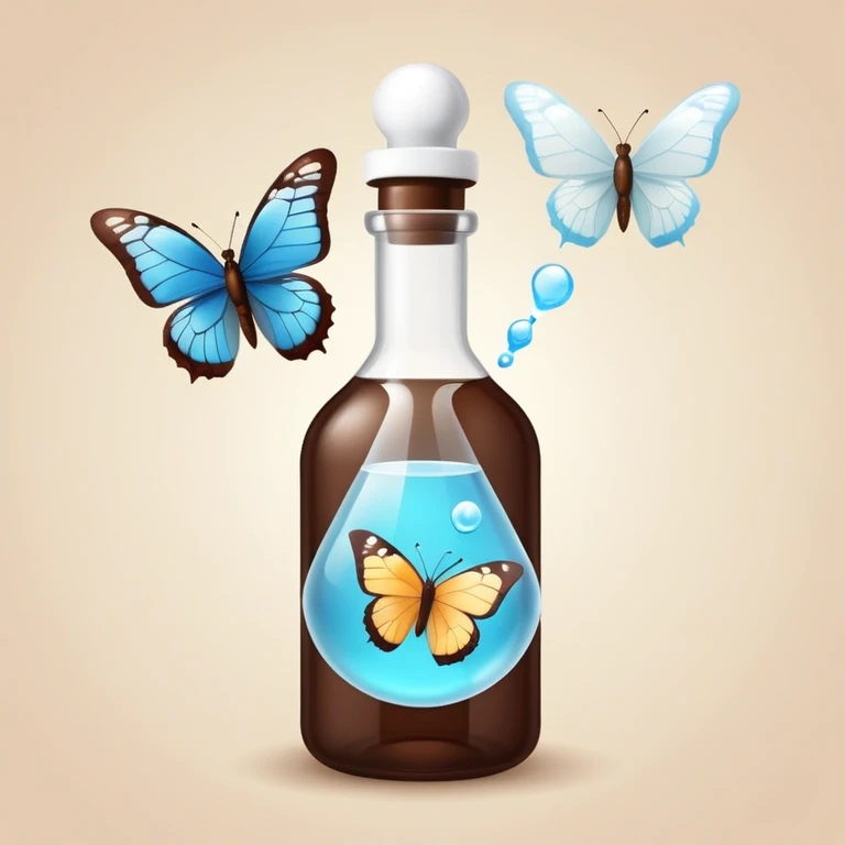 Small dark brown bottle with white cap floating next to a bright translucent butterfly-shaped thyroid icon, representing connection with metabolism and hormonal system emoji