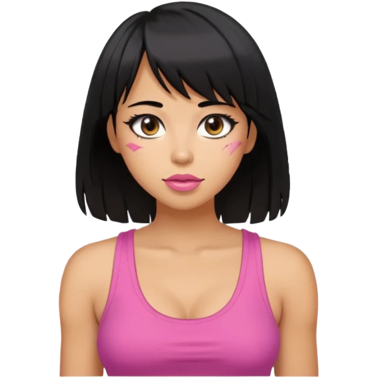 Tan skin woman emoji, full breasts, wearing a tank top, sideways bangs, shoulder-length black hair a little messy, almond eyes pink lips emoji