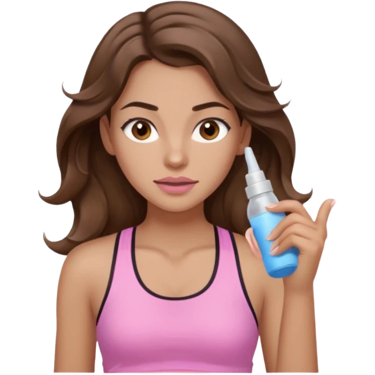 girl with wavy long brown hair, brown eyes, light to medium complexion, long lashes, light pink lipstick, wearing light pink shirt, working out emoji