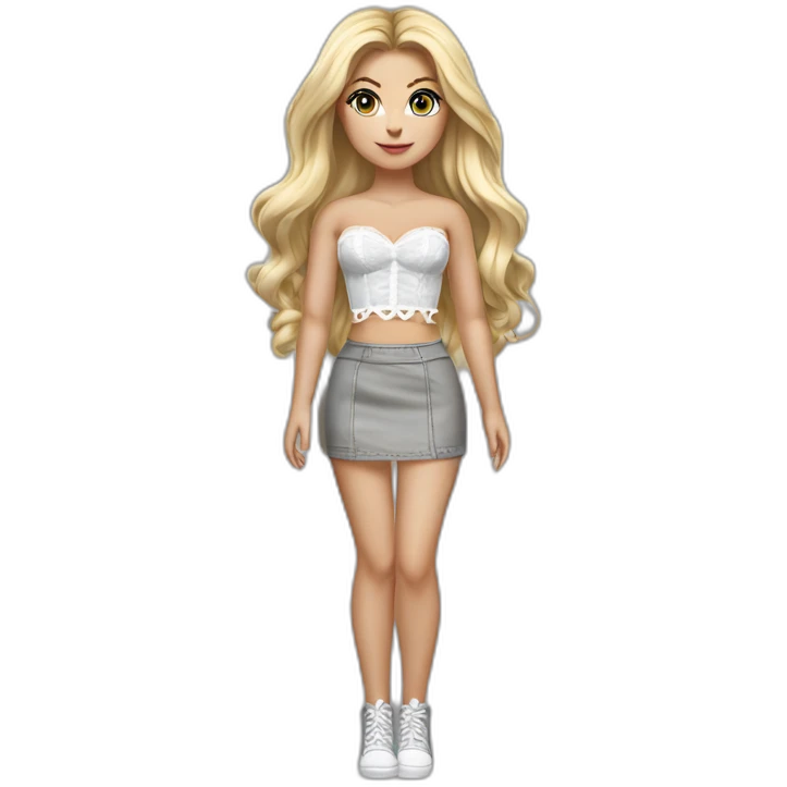hyperrealistic caucasian blonde female, long straight hair, white lace-up crop bustier, grey tight mini skirt, full view emoji