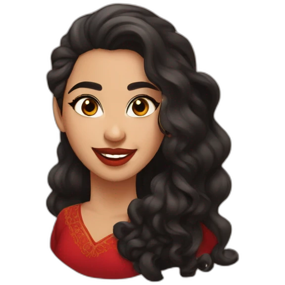 young moroccan woman with dark brown eyes, winking with one eye, smiling, dark long curling hair, red lips, black dress emoji