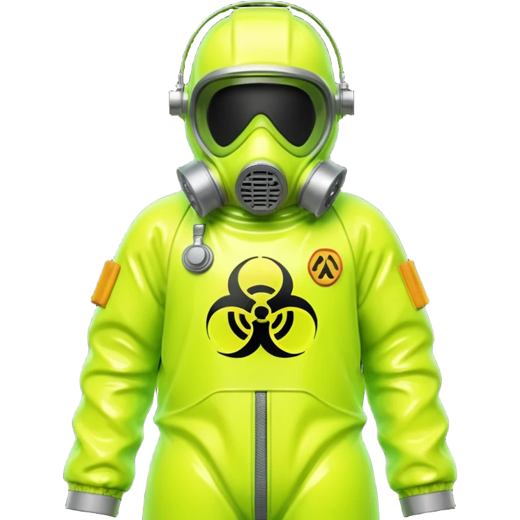 3D render of Hazmat Suit, toxic waste aesthetic, neon green bubbling liquid, caution yellow metal, industrial warning texture. emoji