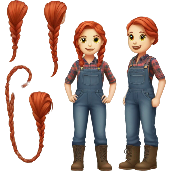 Farmer girl with red hair with braids and plaid shirt and overalls  emoji