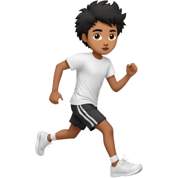 generate a pretty bratz brown skinned boy with black messy hair wearing a white tshirt and black running shorts. running on the street with white sneakers emoji