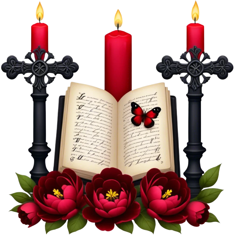 A dark, romantic composition featuring deep red peonies and pansies intertwined with blackened love letters, surrounded by glowing crimson candles. Butterflies in various shades of red flutter around Gothic crosses, creating an eerie yet passionate atmosphere. emoji