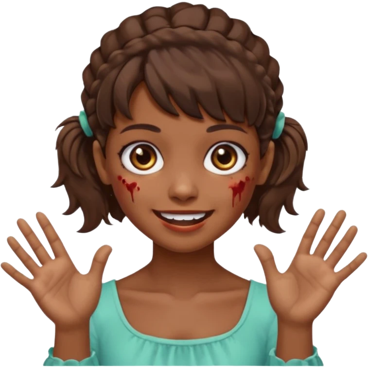 Cabelo ondulado  um pouco cheio e franja curta  Olhos marrons e pequenos e feita d ezumbi mais bonita com cabelo amarro na e com as mãos assim tipo assim🧟‍♀️ emoji