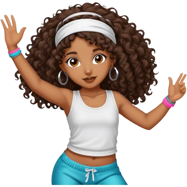 Dancing brown girl with long darn brown curly hair with headband hip hop emoji