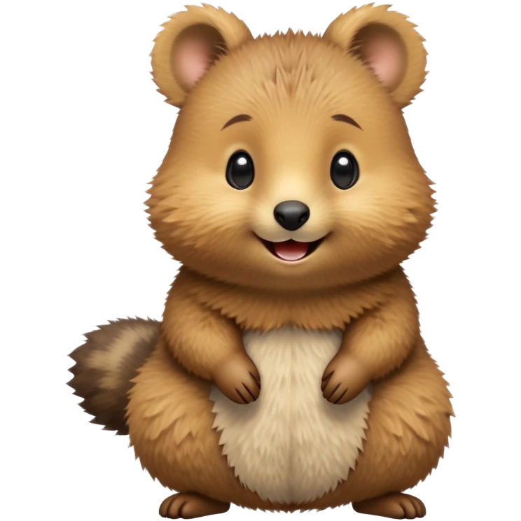 cinematic-quokka-realistic-emoj,-small-round-frame-balanced-on-tiny-strong-hind-legs,giant-fluffy-cheeks-large-smile-fluffy-brown-fur-radiating-a-warm-softness,-big-round-eyes-filled-with-joy, realistic emoji emoji