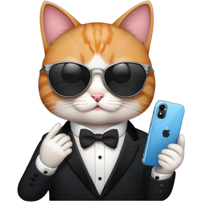 Cat with sunglasses and tuxedo while playing with a iphone 9 pro max emoji