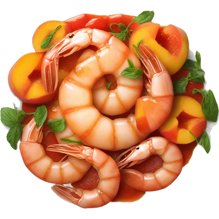 plate with tomato coulis; shrimps and peaches on top emoji