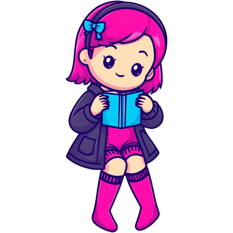 Cute girl character in stockings adjusting fashion accessory, bright pink gradient, transparent glass style with highlights emoji