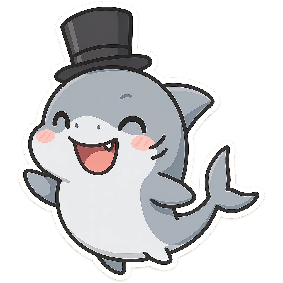 a playful shark character with a top hat, cheerful expression emoji