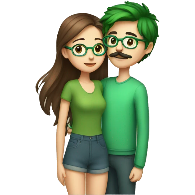 A boy with brown hair and a mustache is kissing a green haired girl wearing glasses emoji