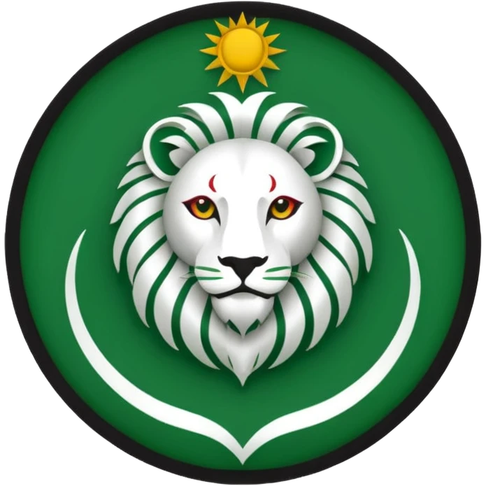 Minimalist black and white emblem emoji, inspired by the Faravahar symbol. Centered Lion and Sun emblem of Iran colored in green, white, and red like the Iranian flag. Circular design, clean simple lines, suitable for small size emoji