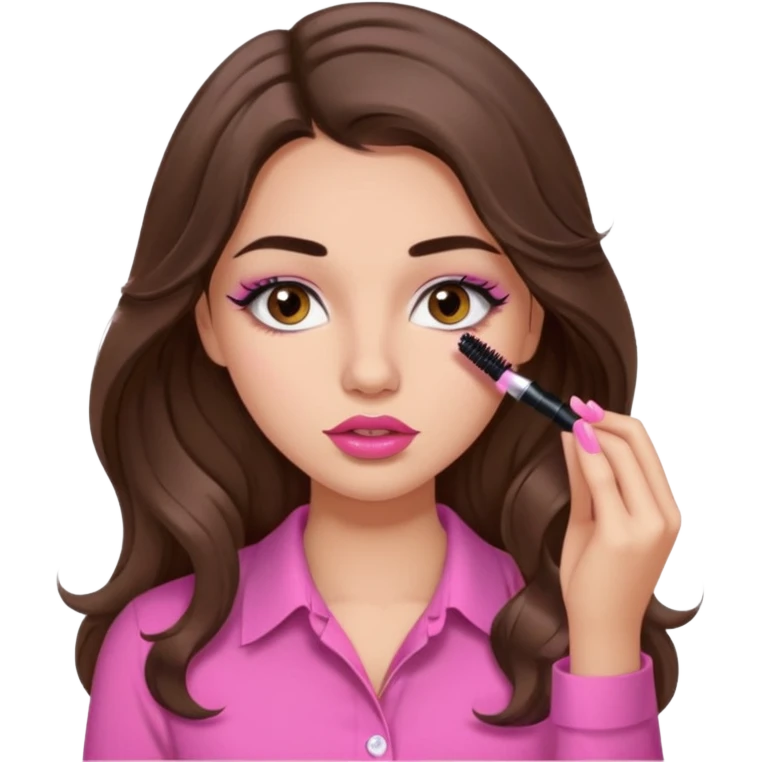 girl with long wavy brown hair, brown eyes, light to medium complexion, in a pink shirt, pink lips, long lashes, puckered lips, putting on mascara emoji