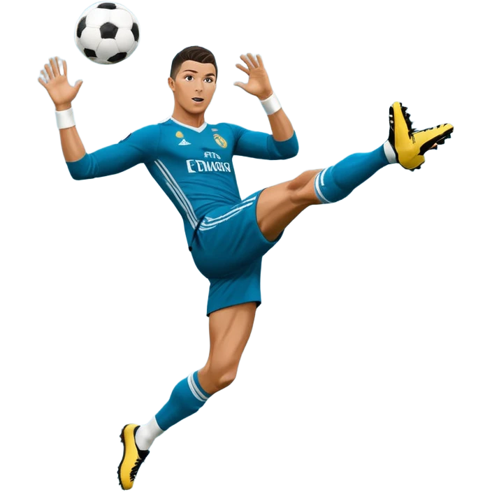 Ronaldo doing a bicycle kick with football in mid air While wearing a Retro blue Real madrid kit and yes i want it to be exactly the same as he Scored it in 2018 vs Juventus  emoji