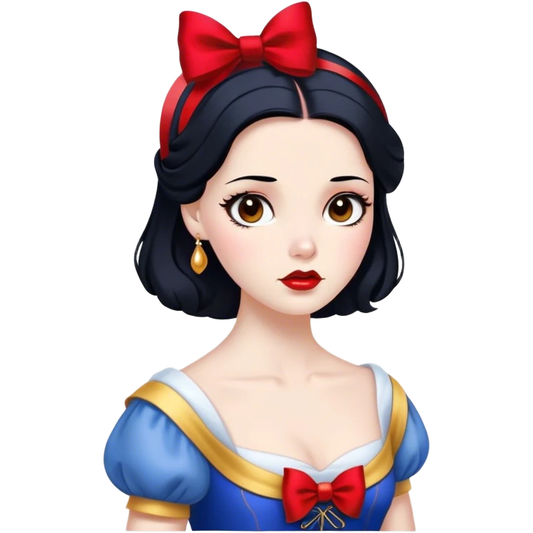 Cinematic Elegant Snow White Portrait Emoji, rendered in a realistic, vector-style with minimal shading and bold, simplified shapes. Depict Snow White (chest and above) with flawless porcelain skin, expressive deep brown eyes, and lustrous raven hair neatly styled with a red bow, wearing her classic blue and gold dress. The image glows with a soft, pure radiance and high shine, capturing timeless beauty and gentle grace. emoji
