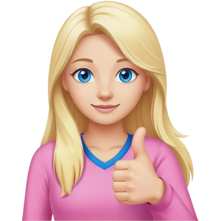 Pretty Blonde with long hair model, blue eyes In pink clothes, thumbs up emoji
