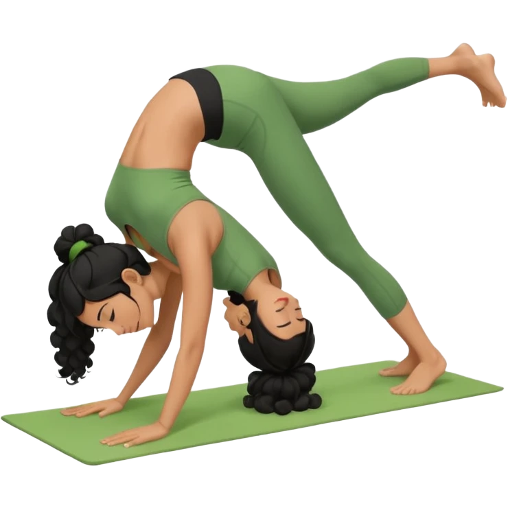 a woman with olive skin tone and curly black hair wearing green and doing a downward dog yoga pose emoji
