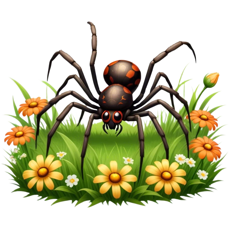 Huge spider sitting on grass with flowers, surrounded by a lush meadow. Detailed legs and body, with soft natural lighting enhancing its texture. Calm, serene background with vibrant greenery and a clear sky. Transparent background. emoji