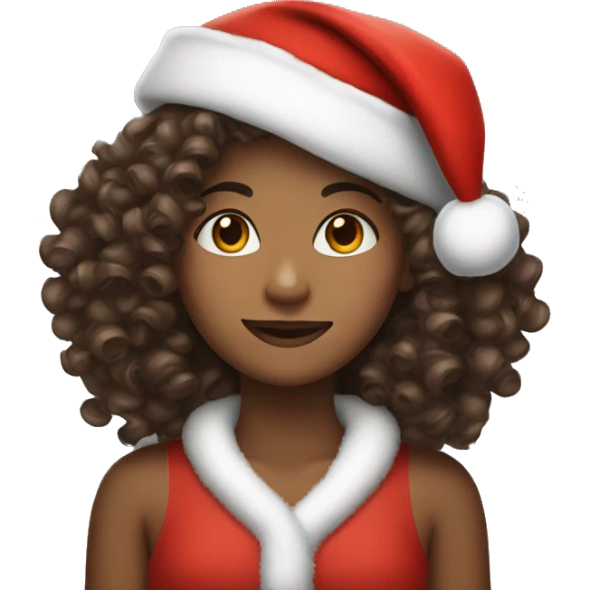 A curly hair brown girl with santa hat emoji