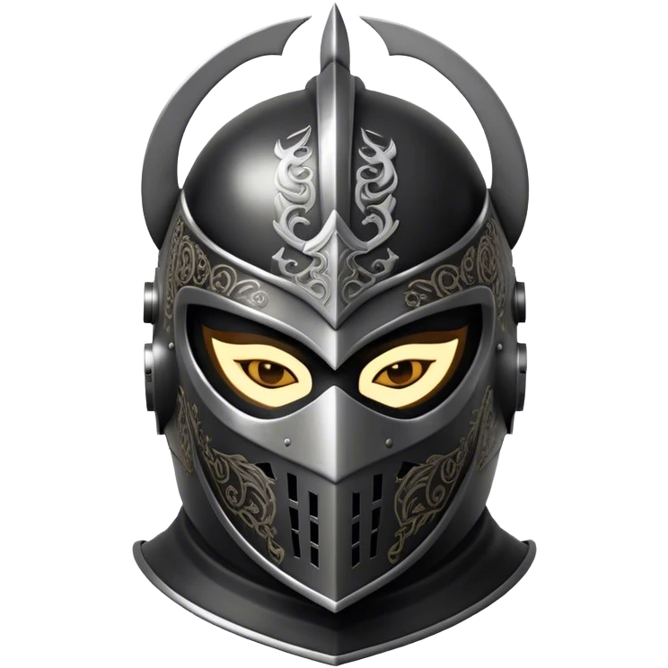 A masked man knight with intricate black engravings on his steel helmet, eyes glowing with fury emoji