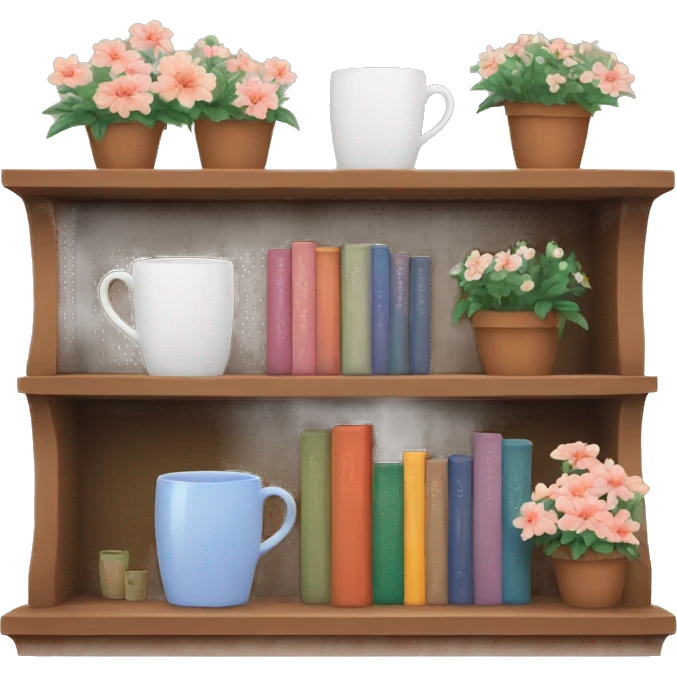 Cozy bookshelf with mugs and flowers  emoji