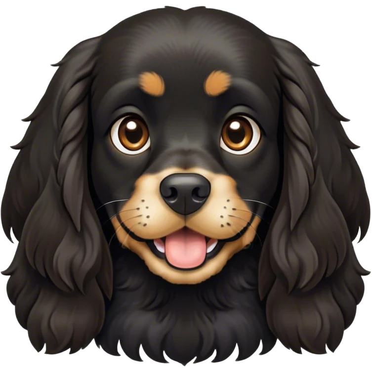 Cinematic Comical Black Cocker Spaniel Portrait Emoji, Head tilted dramatically with an exaggeratedly amused expression, featuring a shiny black coat with noticeable tan accents, wide, expressive dark eyes filled with playful disbelief, Simplified yet hilariously expressive features, highly detailed, glowing with a slightly sassy glow, high shine, dramatic yet playful, stylized with an air of cheeky mischief, bright and endearing, soft glowing outline, capturing the essence of a spirited and over-the-top companion, so meme-worthy it feels like it could side-eye its way into internet fame instantly! emoji