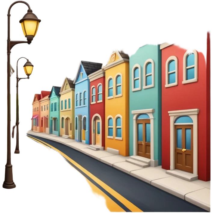 emoji of a small cozy street scene — a narrow road with a sidewalk, a few colorful buildings on the sides, and a streetlight. Soft daylight, clean design, minimal background, cheerful and detailed Apple emoji style emoji