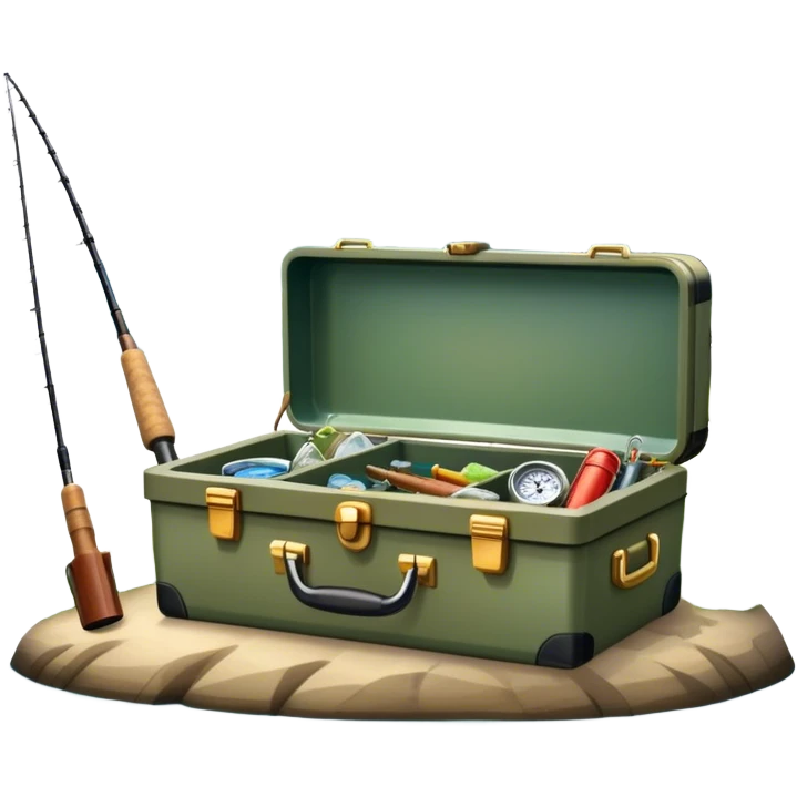 Icon for Fishing: a boat on the shore of a peaceful water body with a beautiful natural landscape, a fishing tackle box, a spinning rod. The icon should capture the tranquility and gear of a fishing adventure. Without frame. Transparent background. emoji