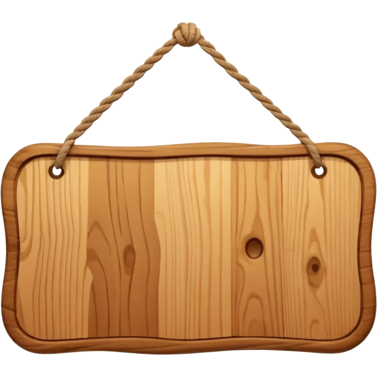 3D cartoon style wooden hanging signboard, smooth polished wood texture, rounded edges, detailed wood grain, thick twisted ropes going through holes on both sides, hanging rope knots visible, isolated on white background, soft shadow, high resolution, digital illustration, centered composition emoji