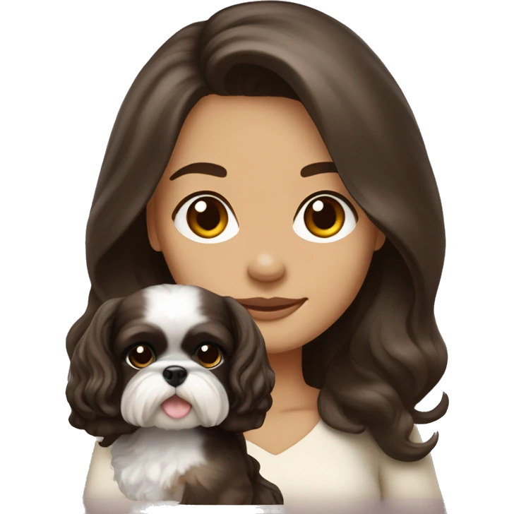 Young dark brunette medium kin hair woman with a cream shih tzu in her arms long wavy hair emoji