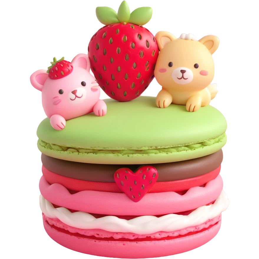 A cute macaron with a strawberry on top, featuring two adorable animals peeking out from between the layers emoji