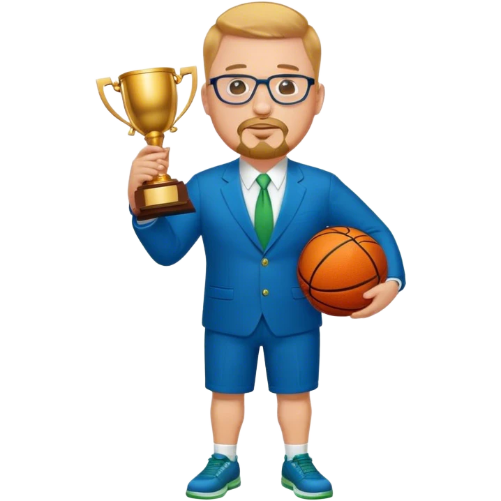 Full Body white fat male  wearing glasses with a goatee with strawberry blond very short hair basketball head Coach in blue and green suit holding trophy emoji